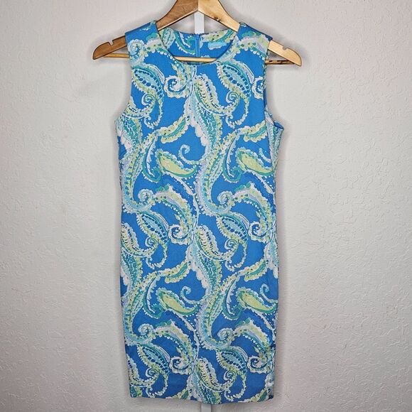 J. McLaughlin Blue Green Paisley Sheath Dress Sleeveless Textured Knit Size 4 - Picture 1 of 5